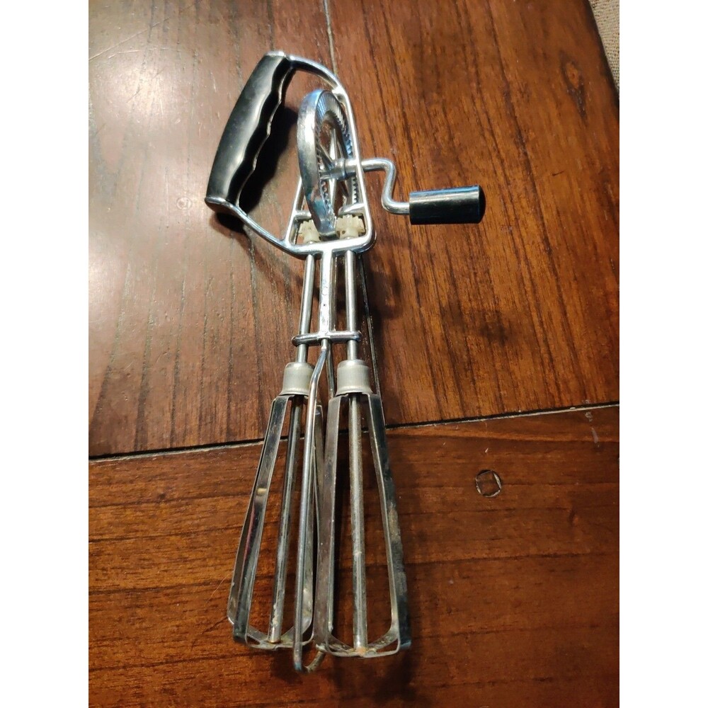 Egg Beater Vintage Stainless Steel Hand Held Black made in Hong Kong